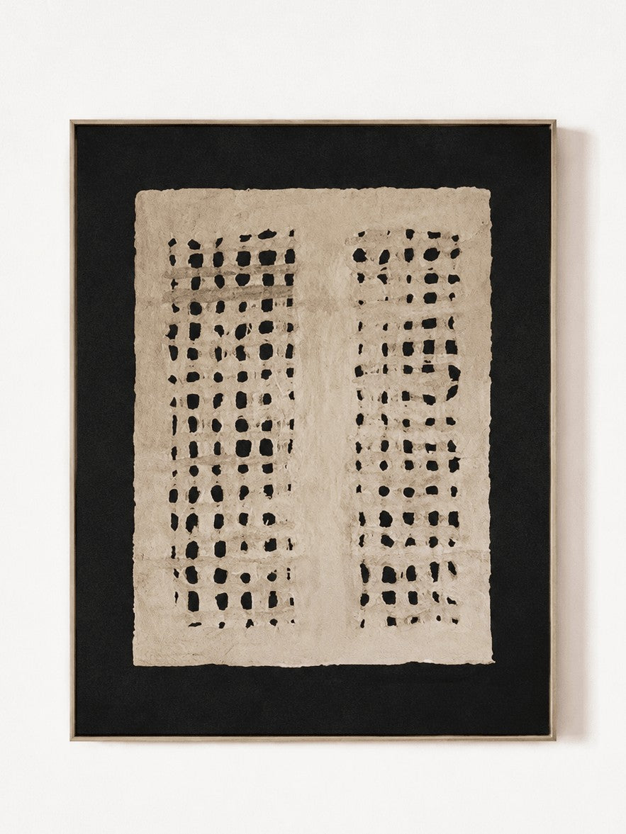 Wabi-Sabi Textured Geometric Wall Art, Ivory Twin Grid