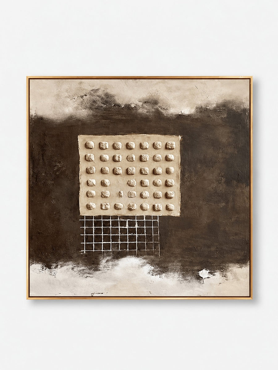 Wabi-Sabi Textured Geometric Wall Art, Umber Relief Grid