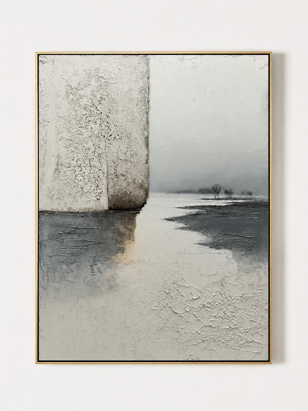 Wabi-Sabi Textured Landscape Wall Art, Misty Lake Horizon