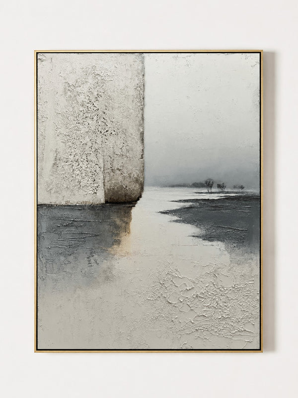 Wabi-Sabi Textured Landscape Wall Art, Misty Lake Horizon