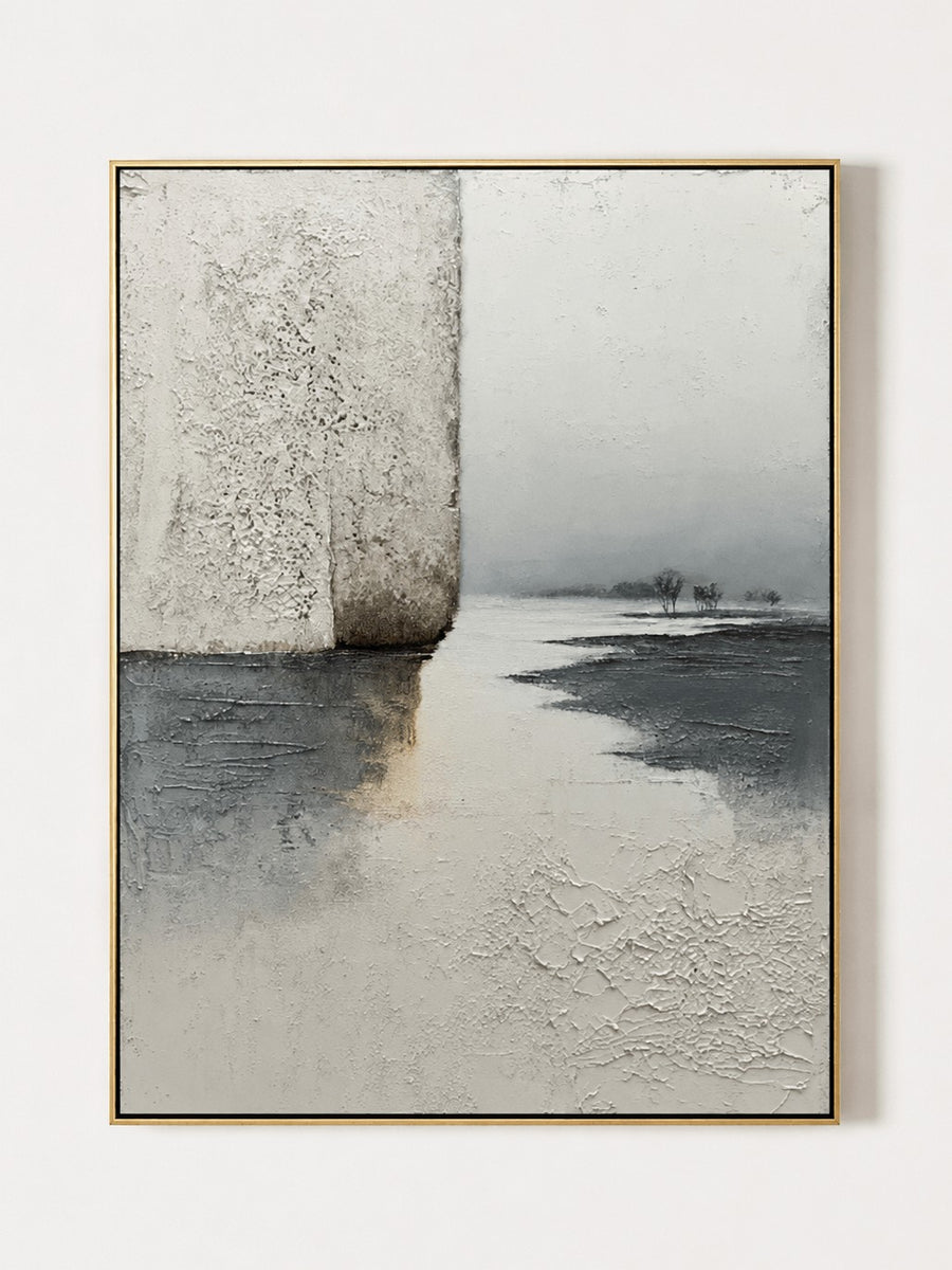 Wabi-Sabi Textured Landscape Wall Art, Misty Lake Horizon