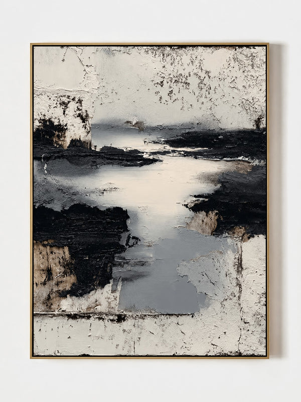 Wabi-Sabi Textured Landscape Wall Art, Monochrome River Horizon