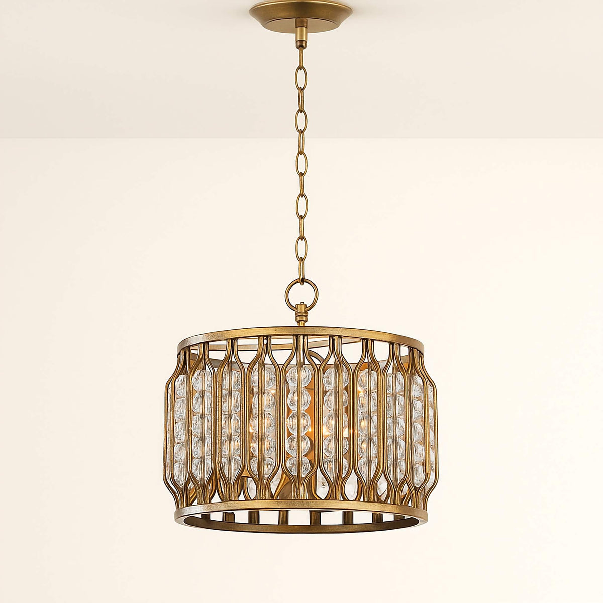 Wave Brass Drum Pendant with Crystal Lenses
