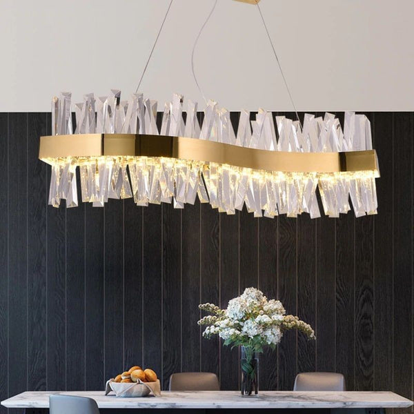 Wavy Linear Crystal and Polished Steel Chandelier