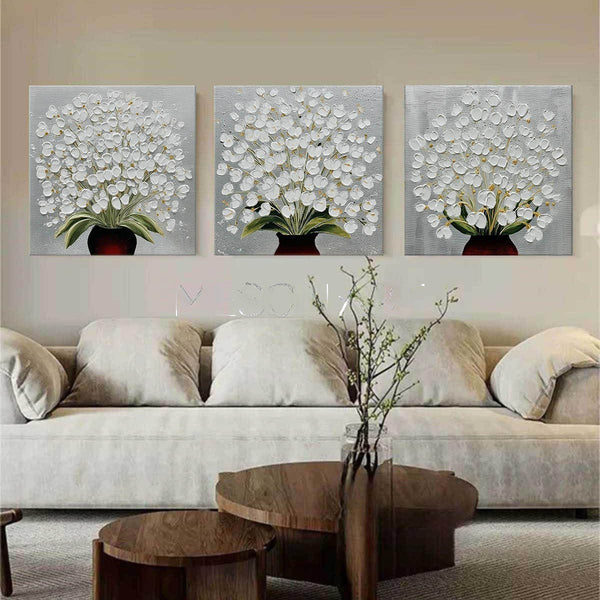 White Blossom Bouquets in Silver Triptych