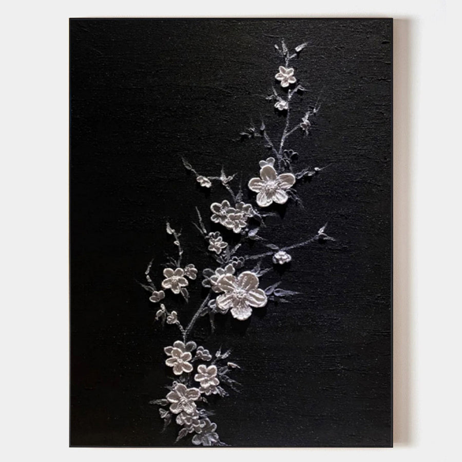 White Blossom Branch on Black