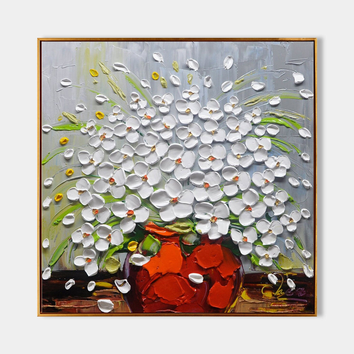 White Blossoms in a Red Vase