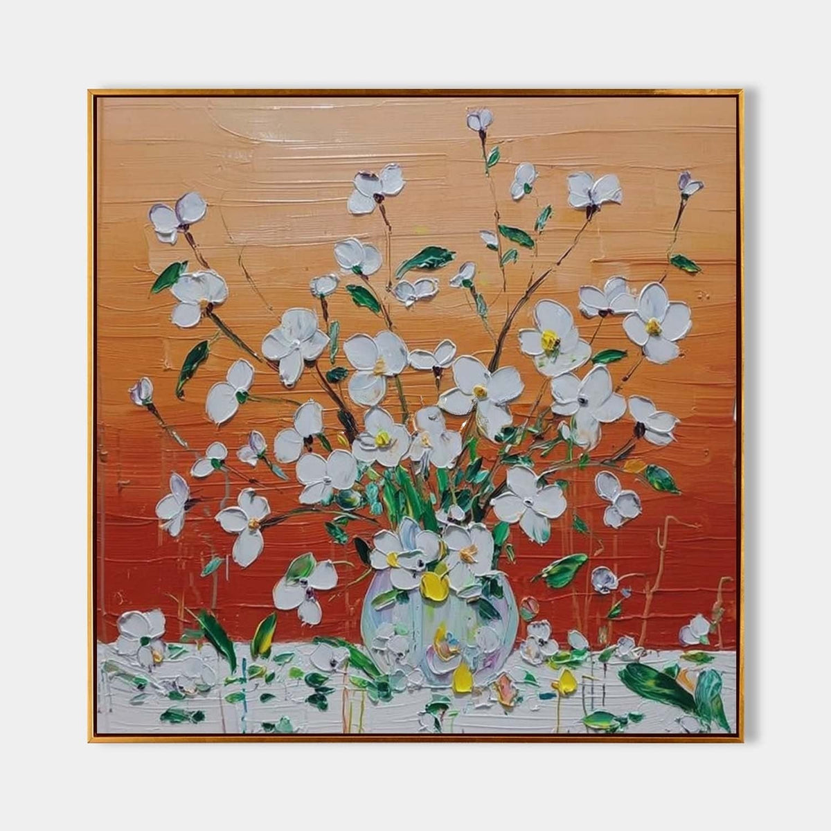 White Blossoms on Burnt Orange