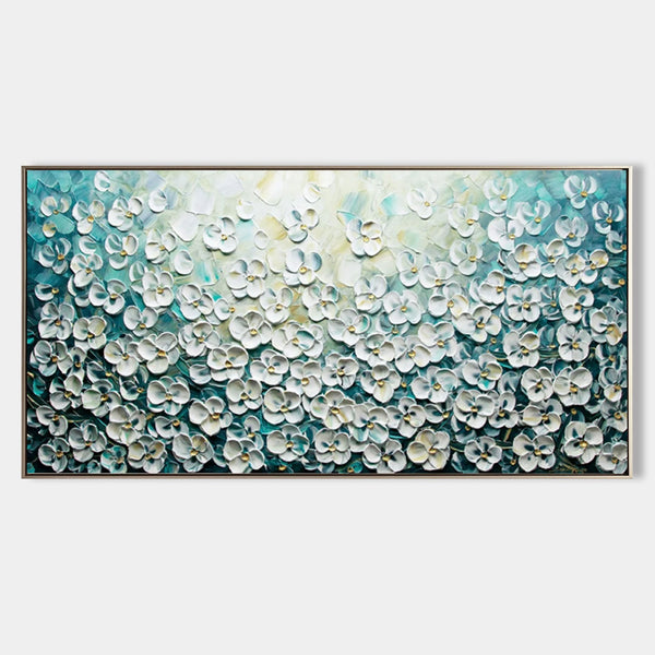 White Blossoms on Teal Mist