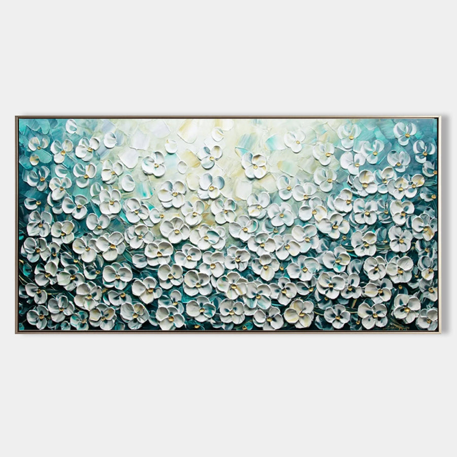 White Blossoms on Teal Mist