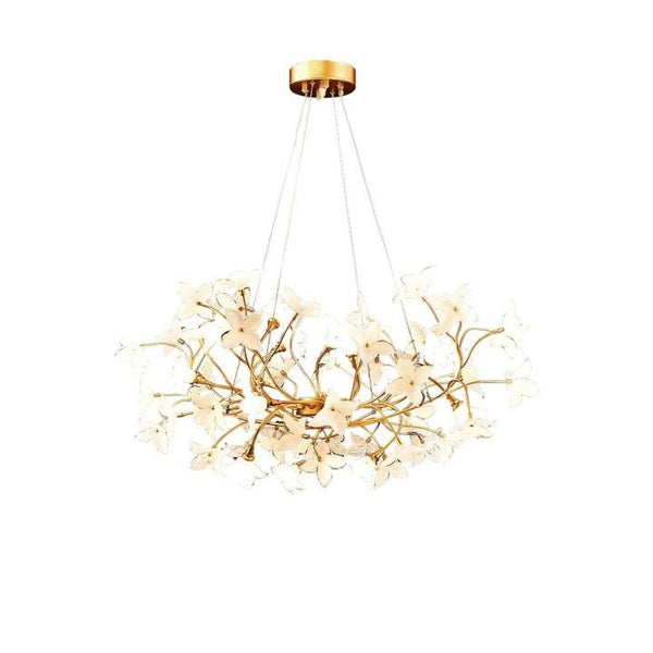 White Glass Petal Cluster Brass Chandelier