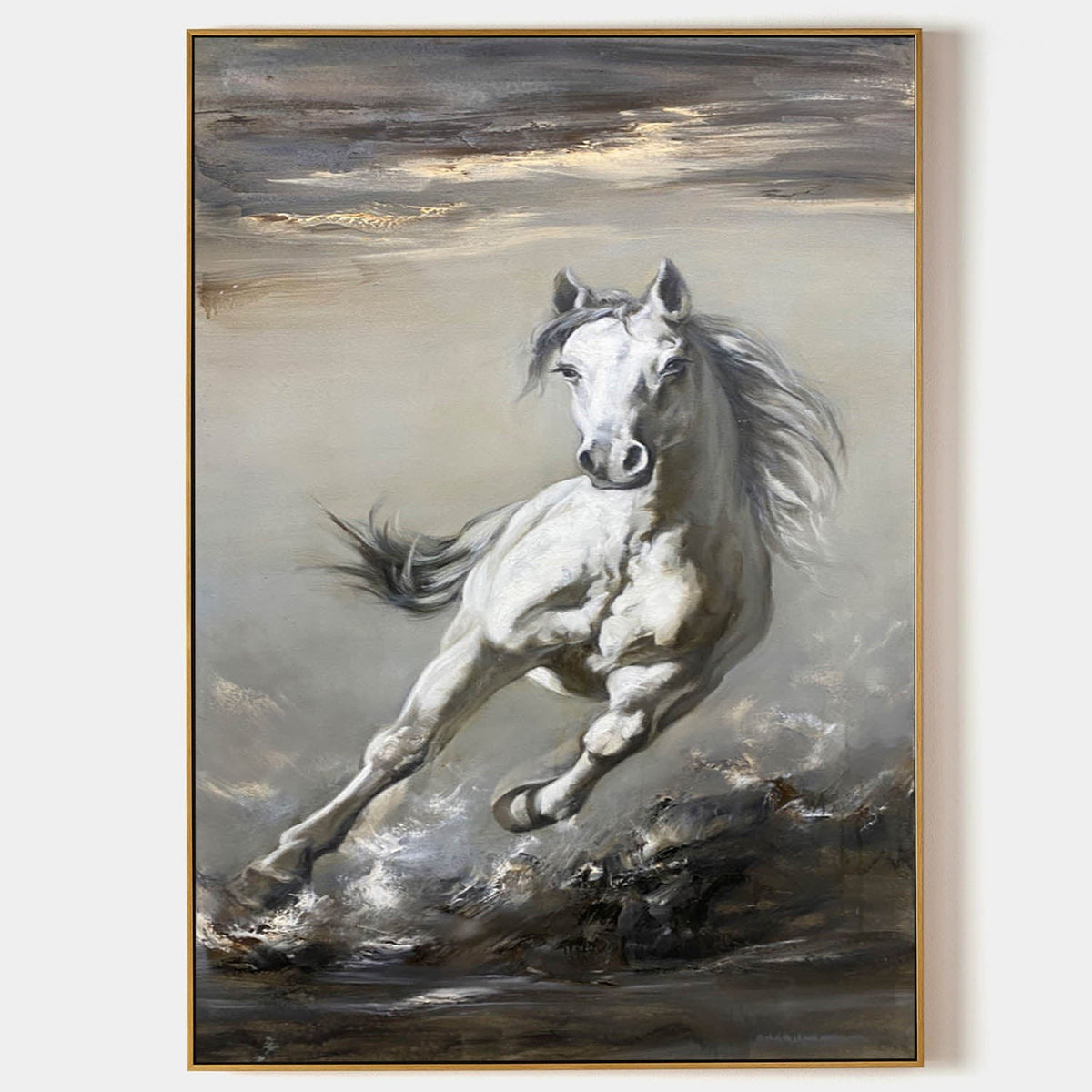 White Horse Galloping Through Storm Light