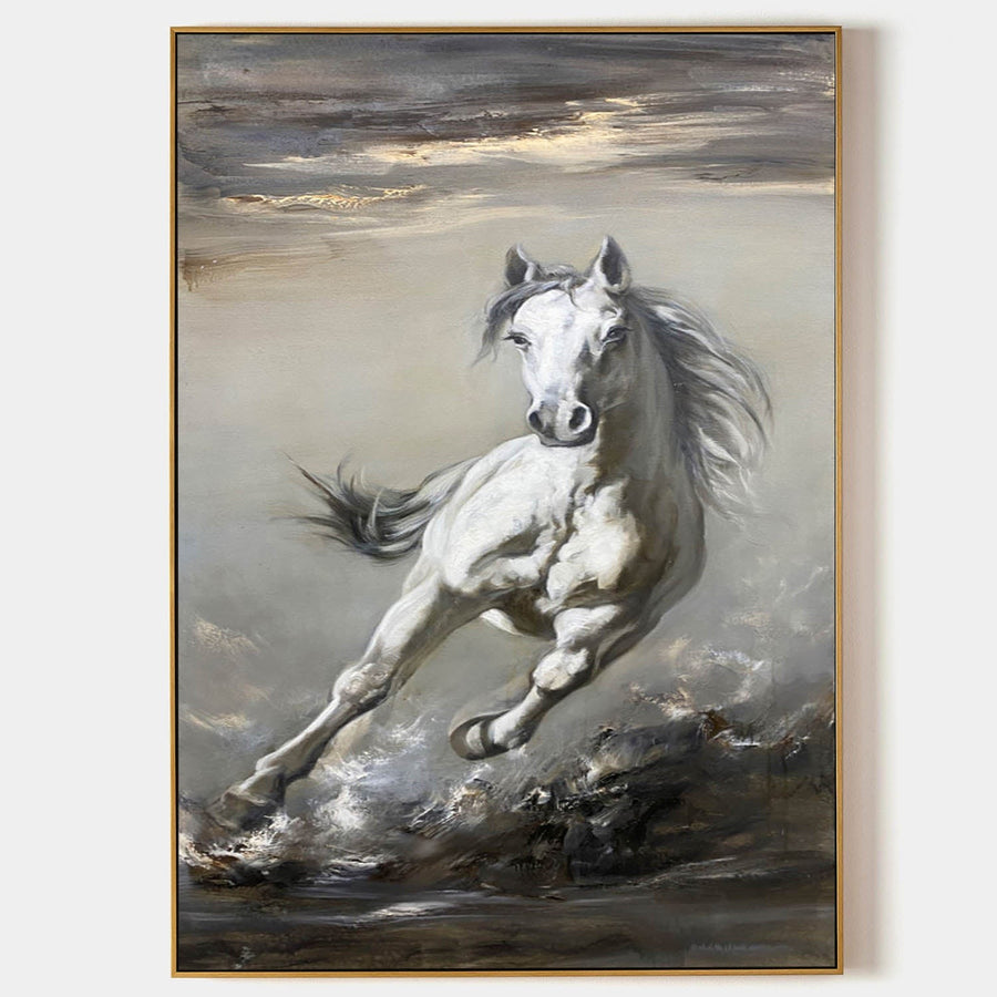 White Horse Galloping Through Storm Light