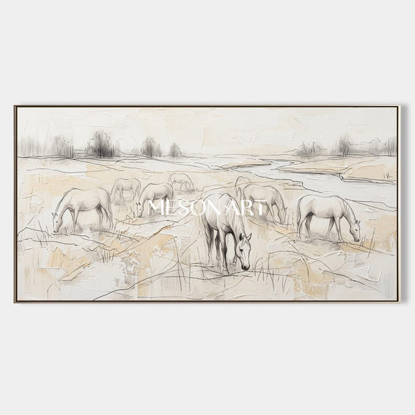 White Horses Grazing in Pale Meadow