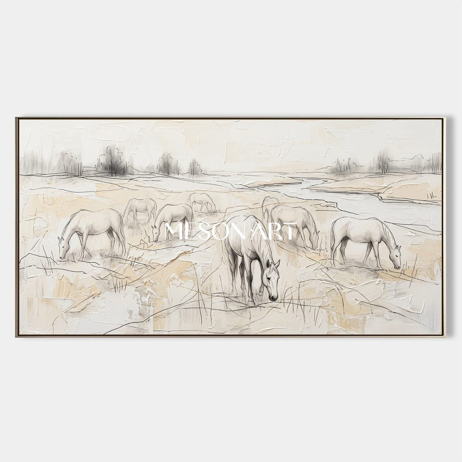 White Horses Grazing in Pale Meadow