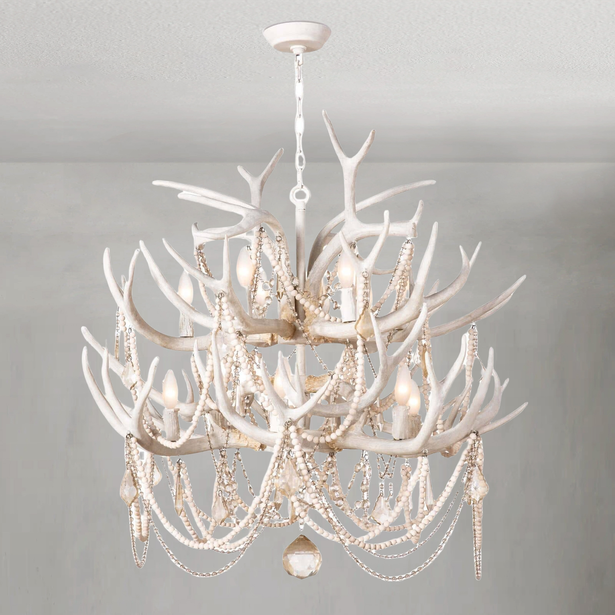 White Resin Antler Chandelier with Tea-Stained Crystals