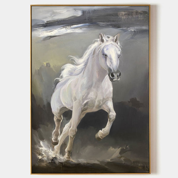 White Stallion Charging Through Storm