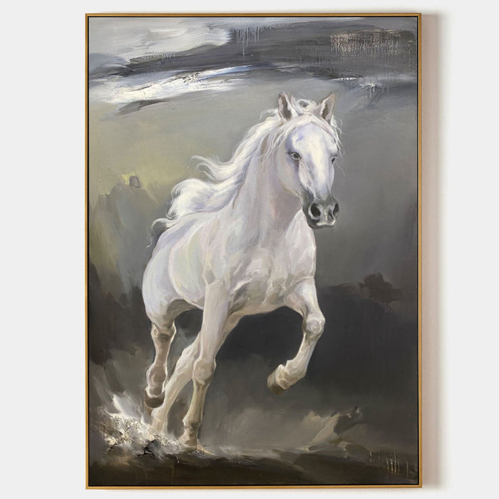 White Stallion Charging Through Storm