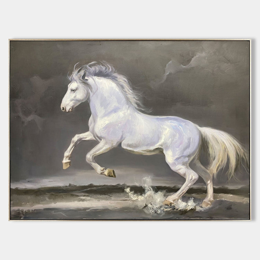White Stallion Rearing Through Silver Surf