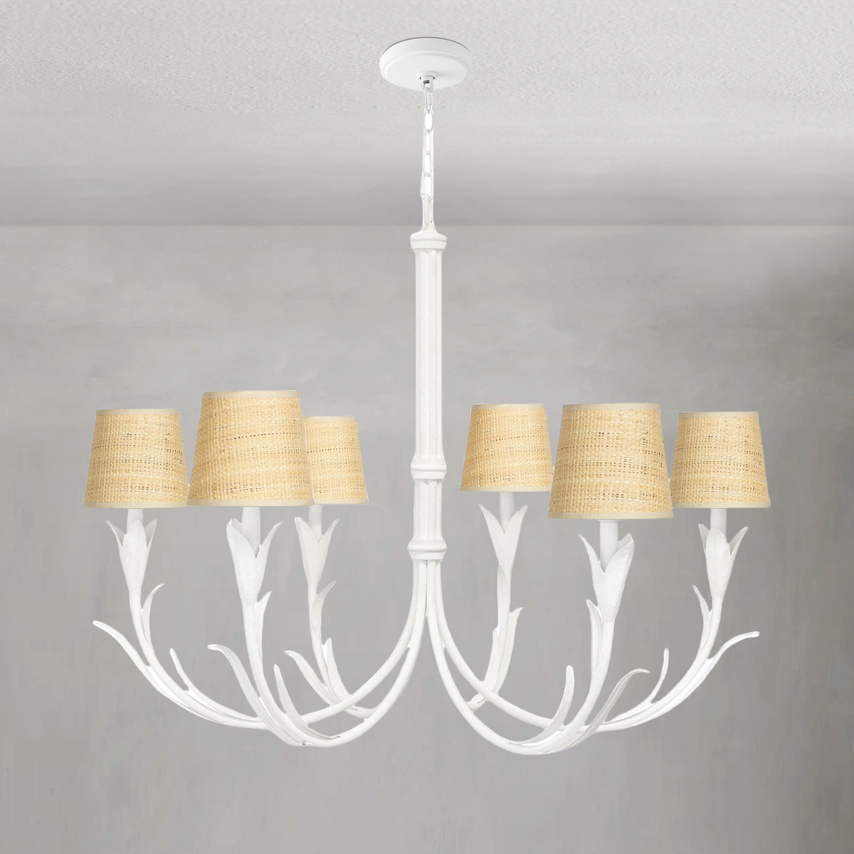 White Steel Branch Chandelier with Woven Rattan Shades