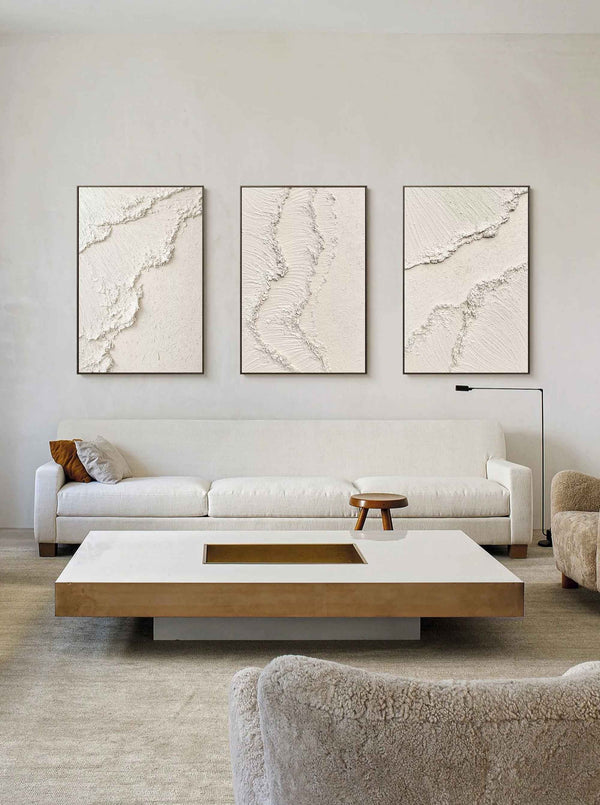 White Tide Lines Textured Triptych