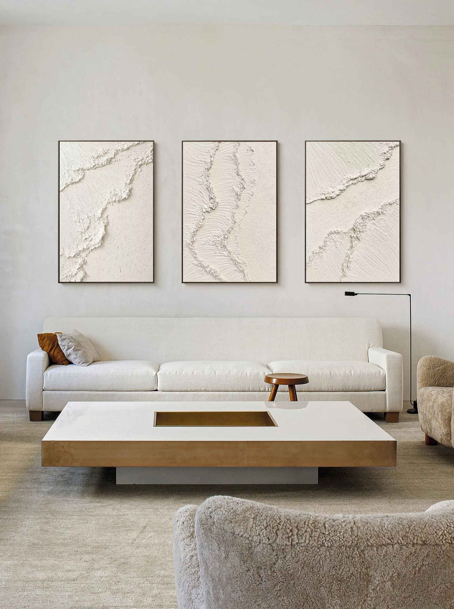 White Tide Lines Textured Triptych