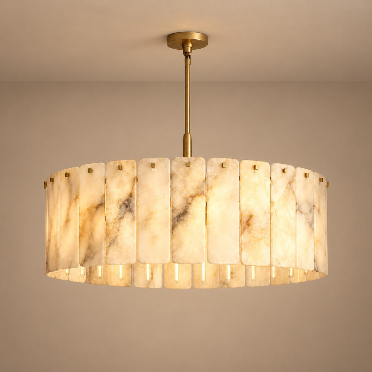 Wide Alabaster Panel Drum Ring Chandelier with Brass Studs