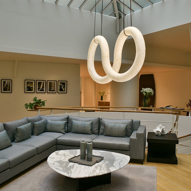 Wide Brass Frame Alabaster LED Linear Chandelier