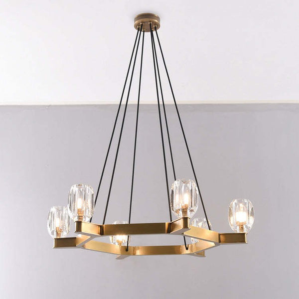 Wide Brass Ring Chandelier with Crystal Shades
