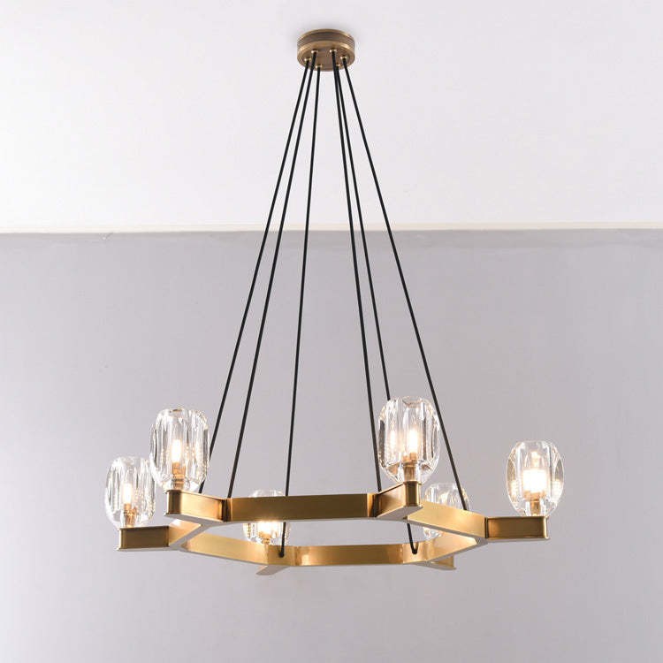 Wide Brass Ring Chandelier with Crystal Shades