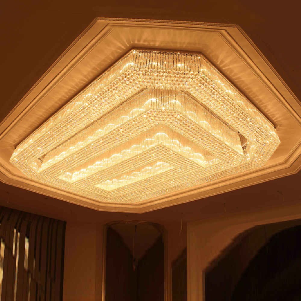Wide Low Clustered Crystal and Steel Chandelier