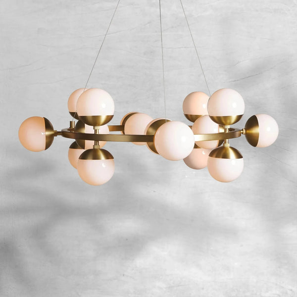 Wide Milk Glass Globe Cluster Brass Chandelier