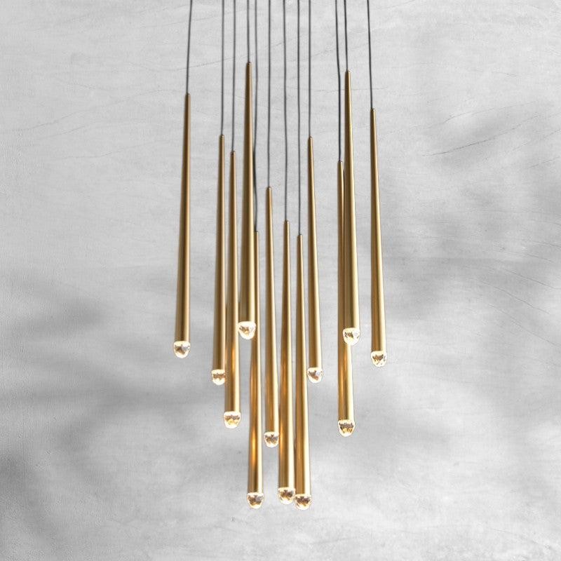 Wide Tiered Brass Chandelier with Hand-Blown Glass Polyhedra