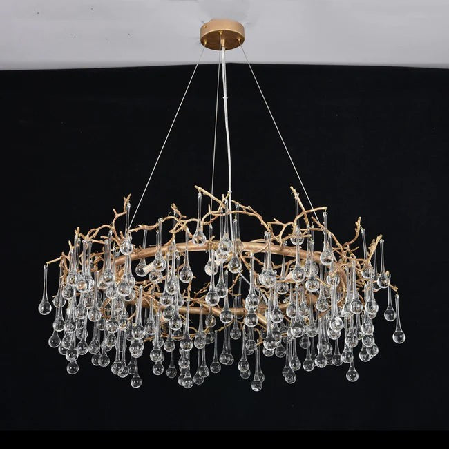 Wind-Bent Brass Branch Chandelier with Glass Drops