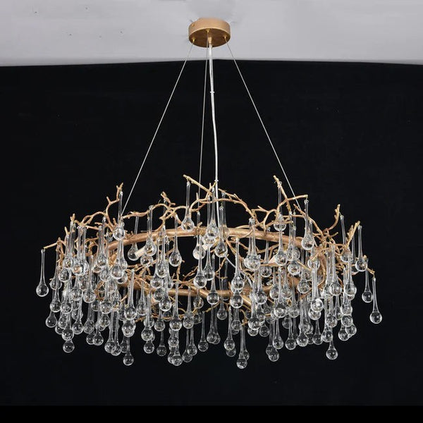 Wind-Bent Brass Branch Chandelier with Glass Drops