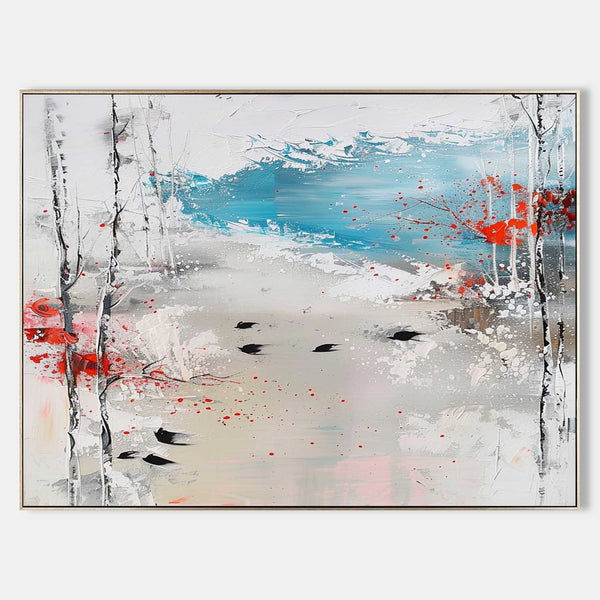Winter Birches with Red Blossoms