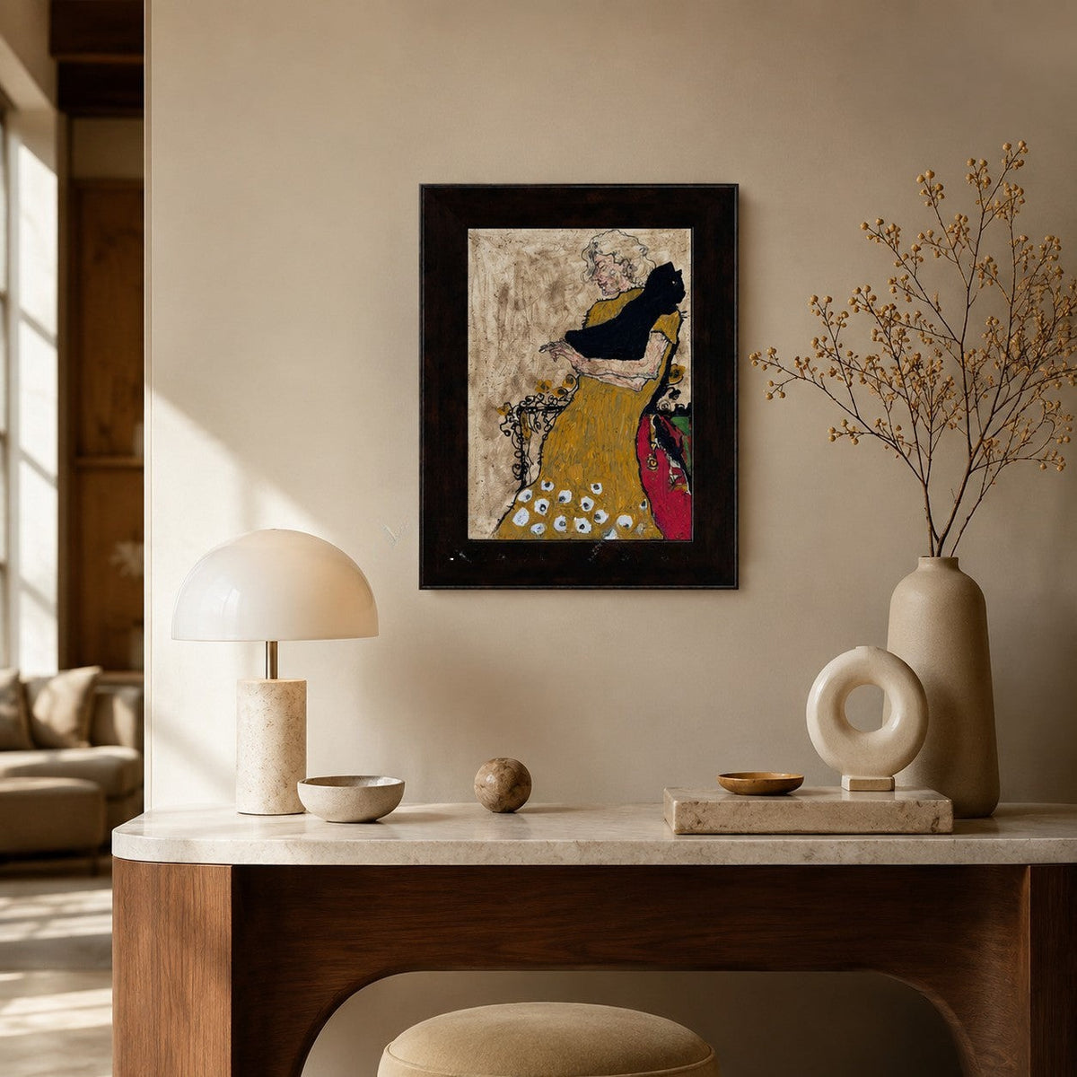 Woman in Mustard Dress with Black Cat