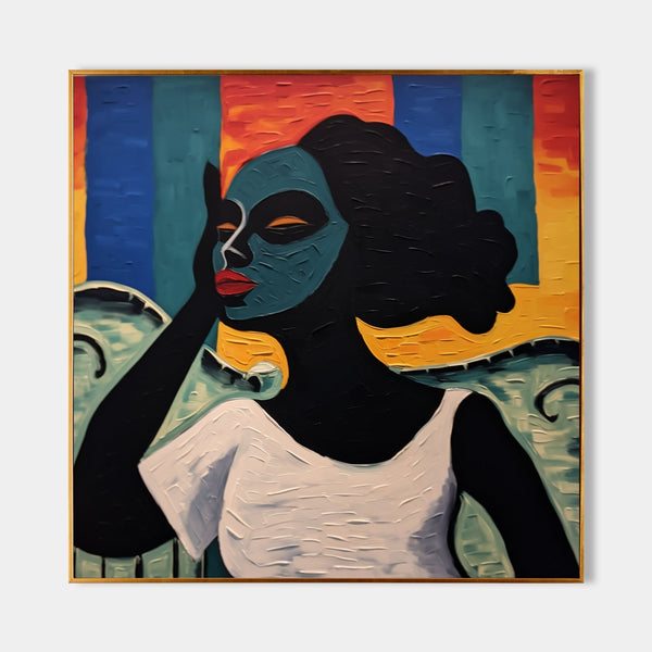 Woman in White Against Bold Stripes