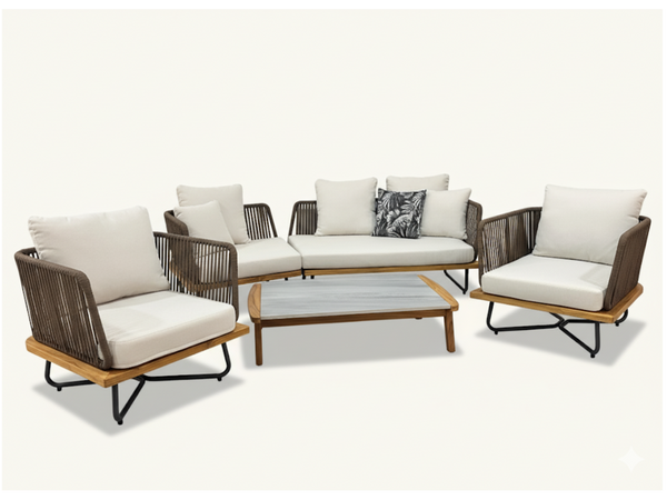 Conjunto de patio moderno + Impermeable + Teca maciza + Aluminio premium + Olefina