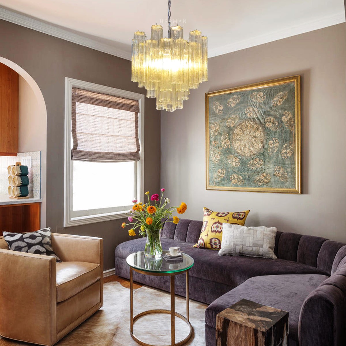Yellow Glass Tube Starburst Chandelier