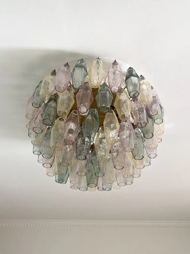 Yellow Purple and Green Faceted Glass Ceiling Mount Chandelier